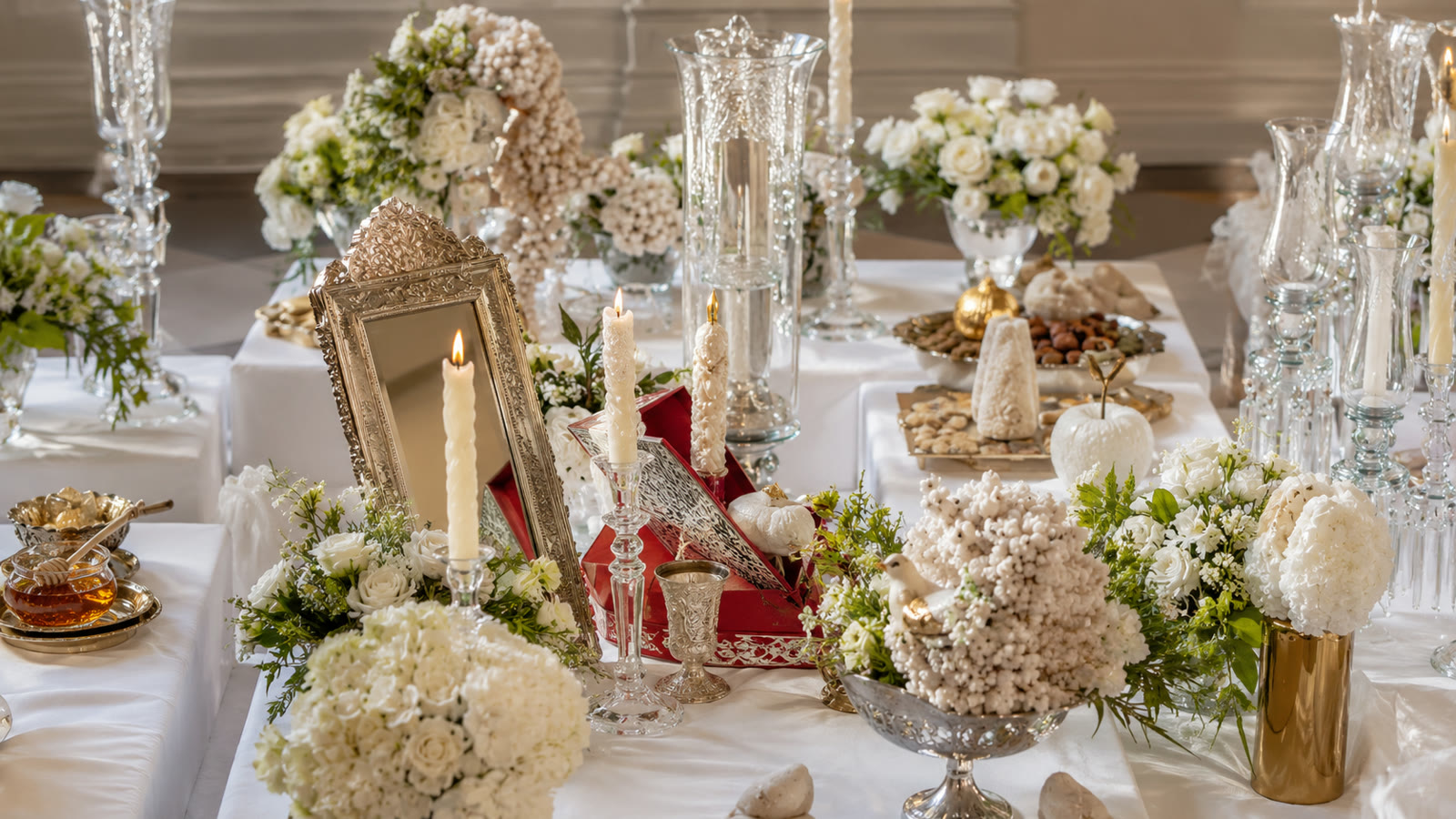 Close-up of Sofreh Aghd details with mirror, candles, honey, flowers, and Persian ceremony objects.