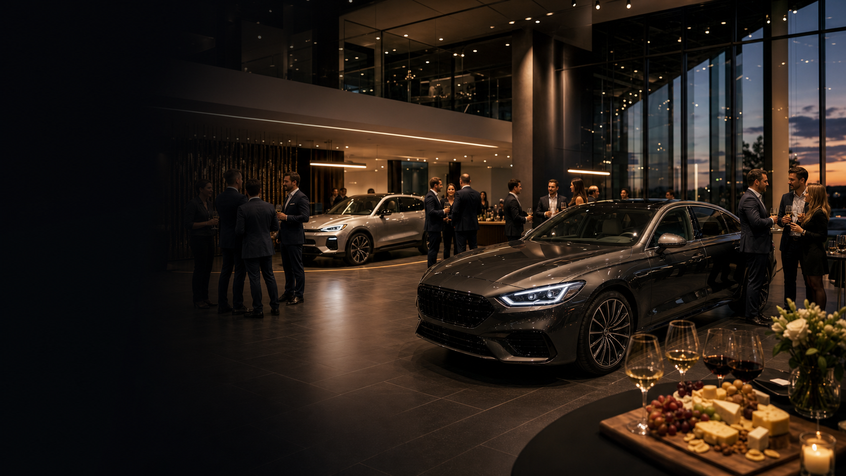 Luxury dealership showroom for Wine and Wheels.